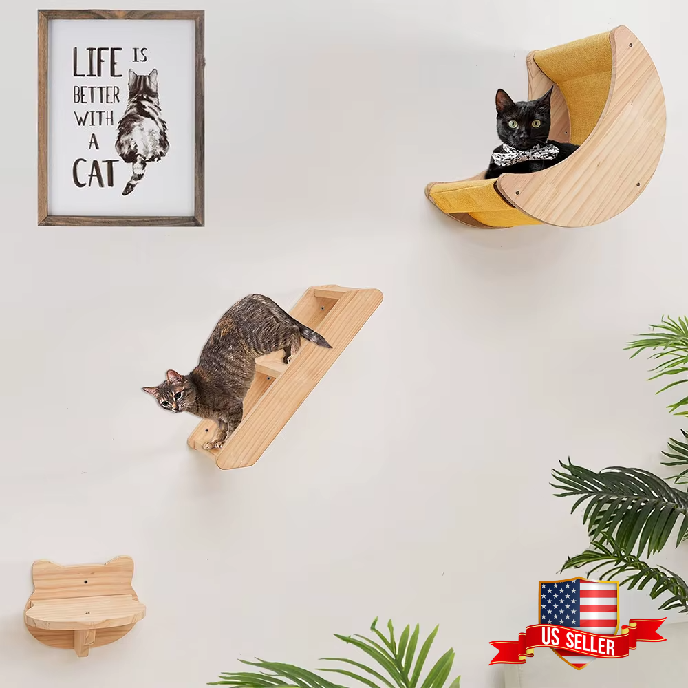 Cat Wall Hammock Moon Shelf, Solid Wood Climbing Perch & Steps, Indoor Cat Activity