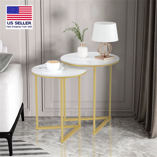 Modern Round Marble Metal Base Nesting Accent Tables - Set of 2 (Marble & Gold)