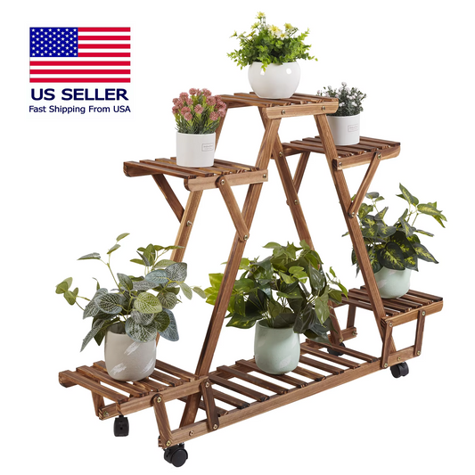 Triangular 6-Tier Wooden Plant Stand with Wheels for Garden & Indoor Use