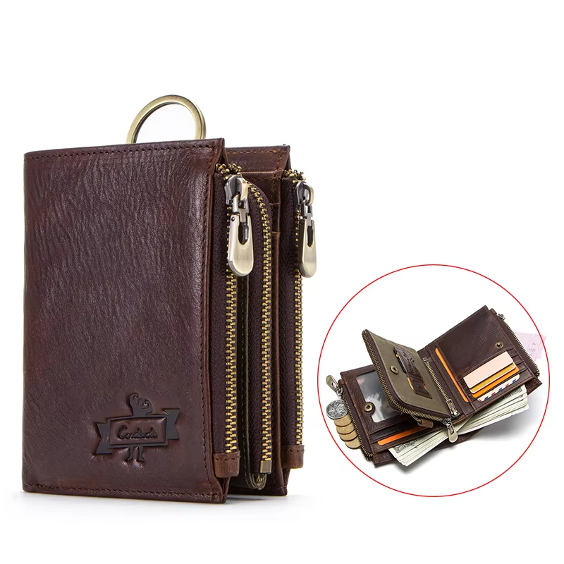 100% Genuine Leather RFID Men’s Wallet with Zipper, Large Capacity Coin Purse and Card Holder