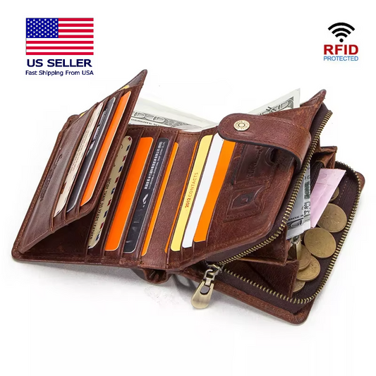 Men's Genuine Leather RFID Wallet - Vintage Short Wallet with Zipper Coin Pocket