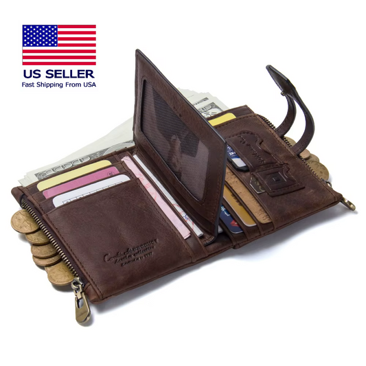 Men's Genuine Leather Small Zipper Wallet - RFID Coin Purse & Card Holder