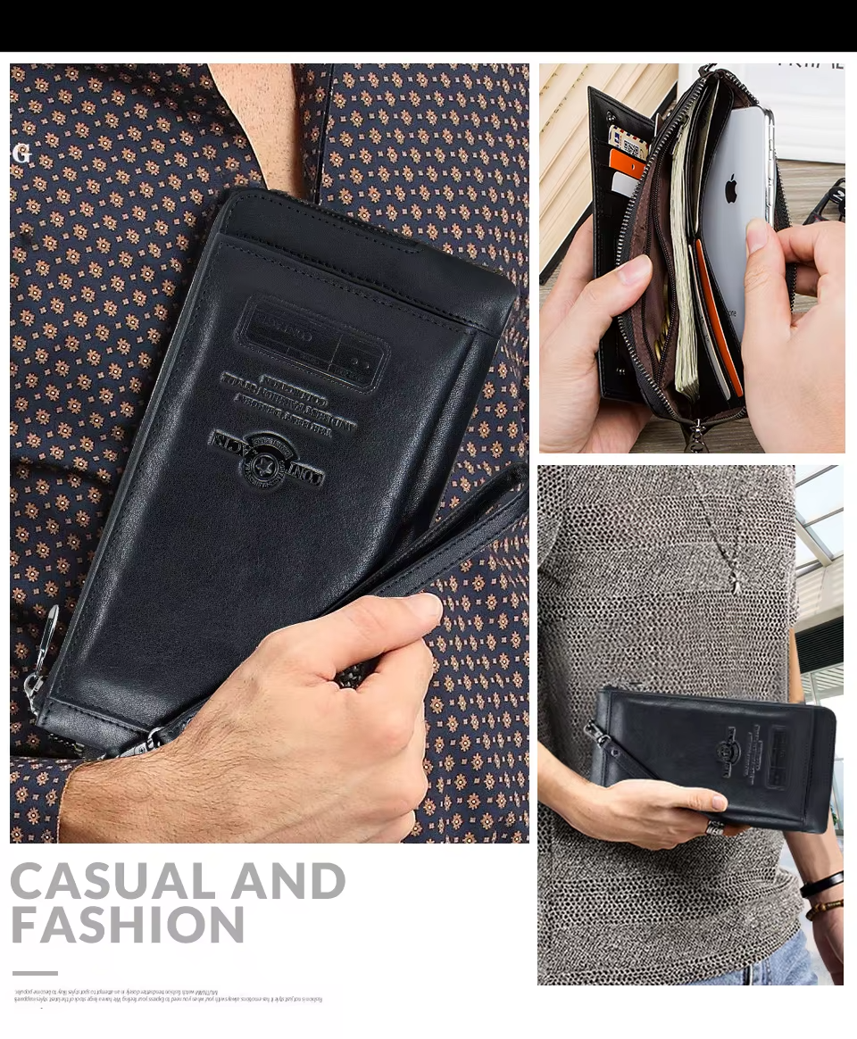 Men's Genuine Leather Wristlet Bag - RFID Clutch Wallet with Card & Phone Holder