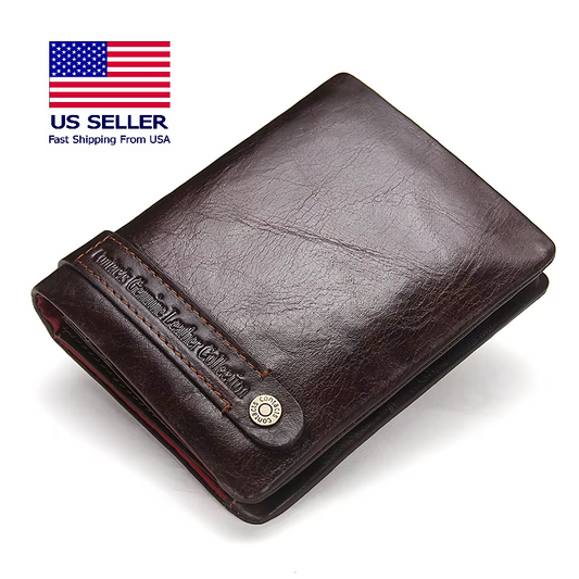 Men's Genuine Leather Bifold Wallet RFID Blocking, Zipper Coin Purse Card Holder