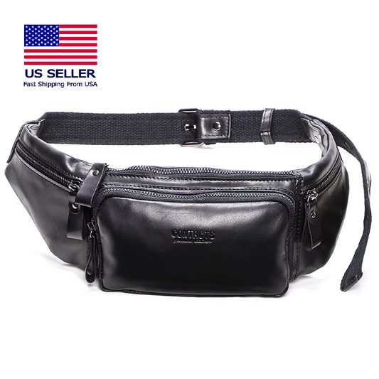 Men's Genuine Cowhide Leather Waist Bag - Casual Fanny Pack for Travel & Phone