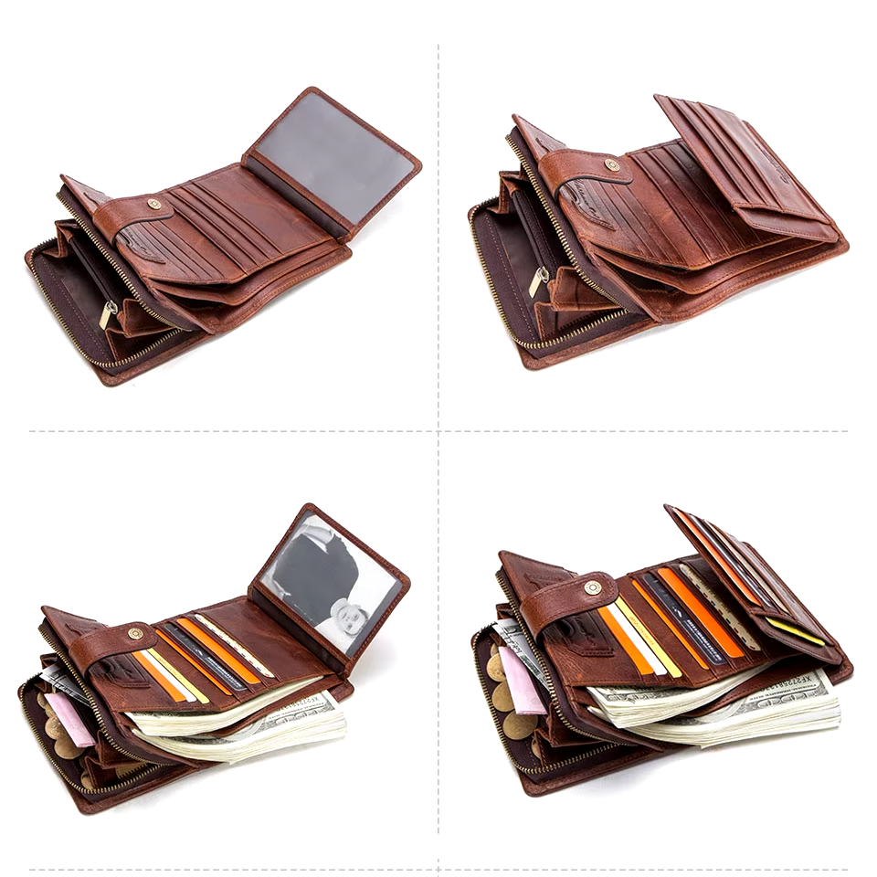 Men's Genuine Leather RFID Wallet - Vintage Short Wallet with Zipper Coin Pocket