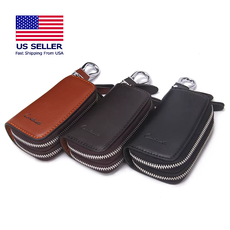 Double Zipper Genuine Cow Leather Car Key Holder - Multifunctional Key Wallet