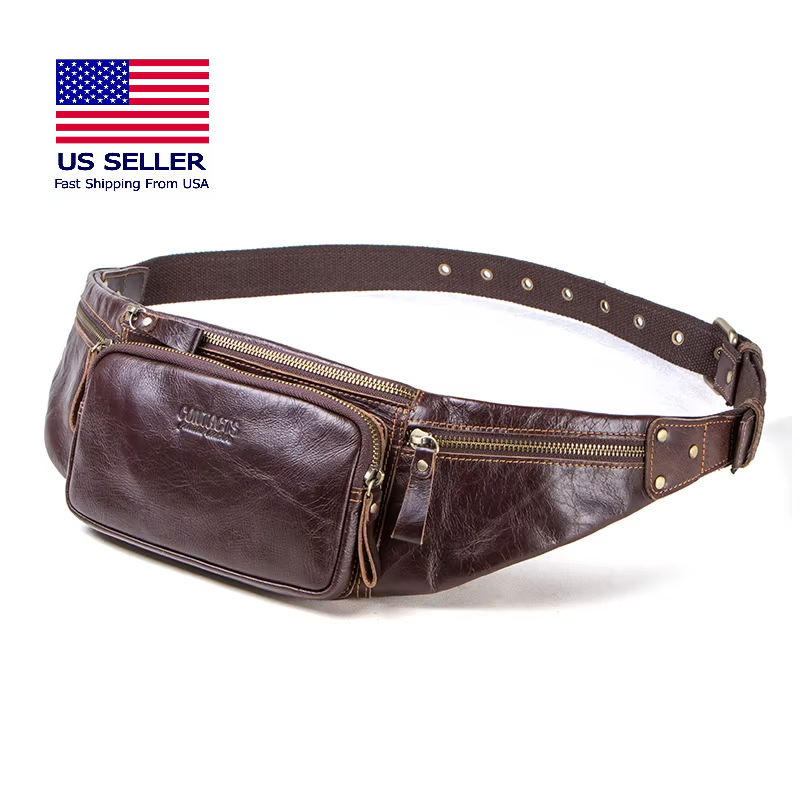 Men's Genuine Cowhide Leather Waist Bag - Casual Fanny Pack for Travel & Phone