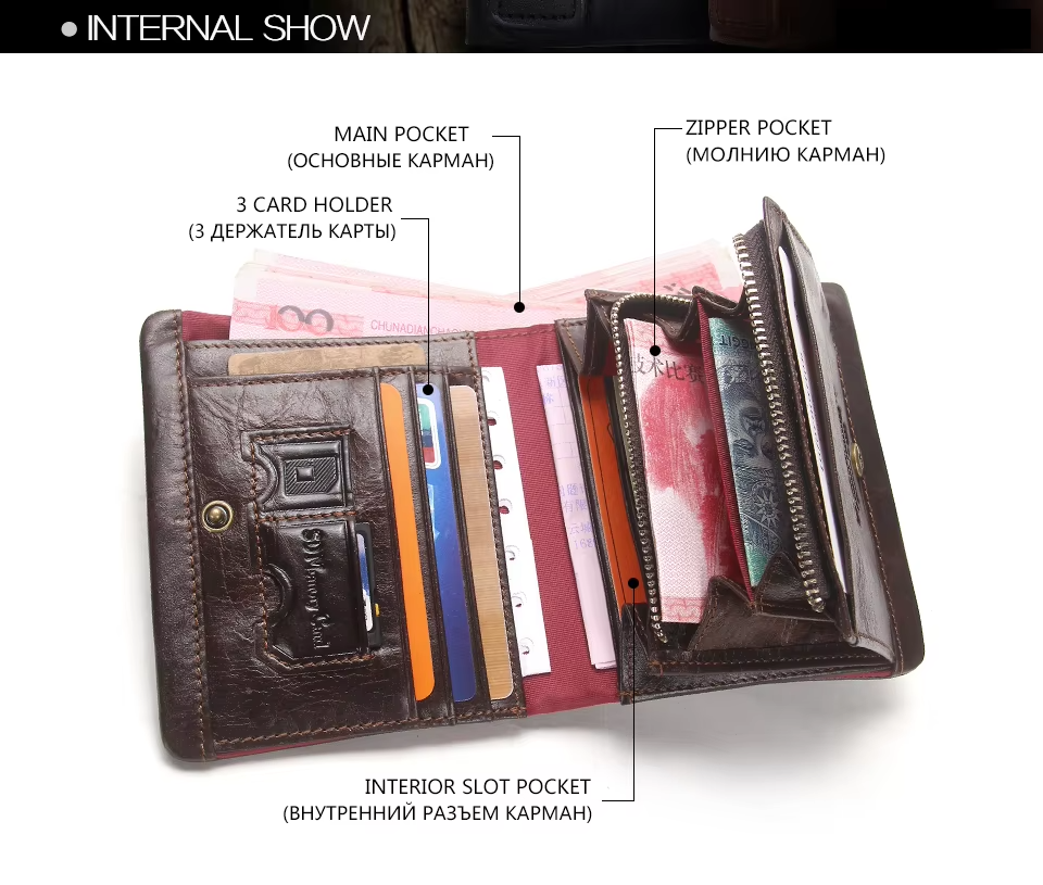 Men's Genuine Leather Bifold Wallet RFID Blocking, Zipper Coin Purse Card Holder