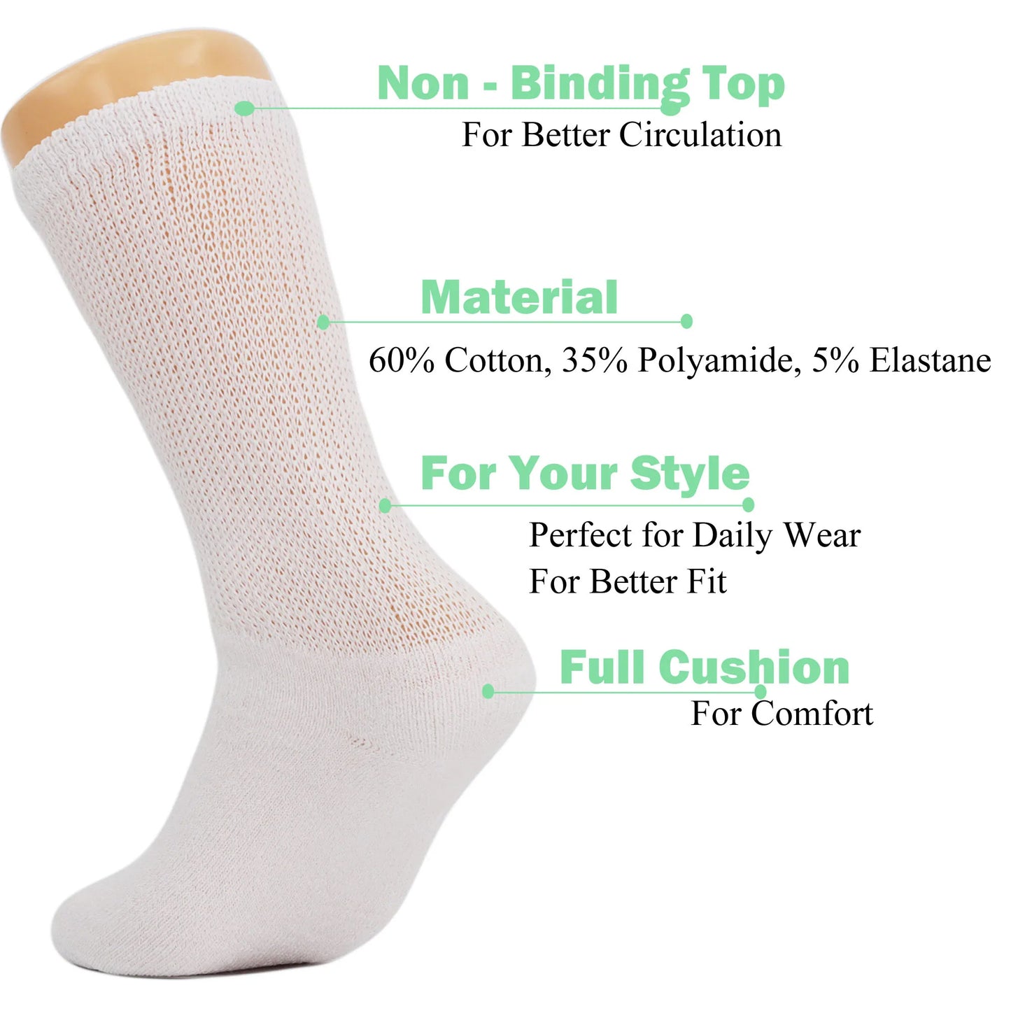 Diabetic Crew Loose Fit Socks with Non Binding Top 3 Pairs