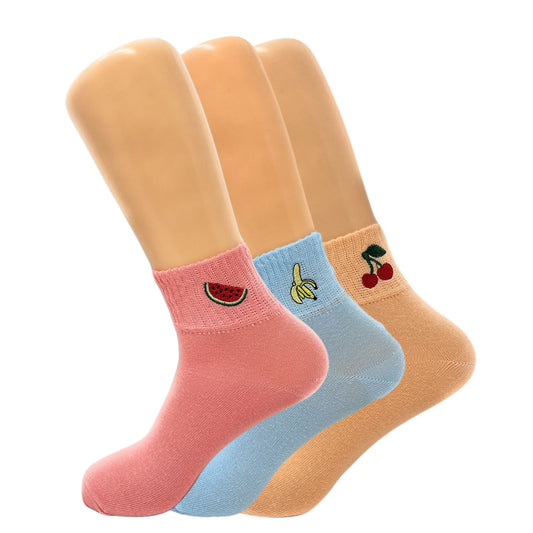 Women's Cotton Mini Half Crew Fruit Ankle Socks - 3 Pairs, Shoe Size 5-10