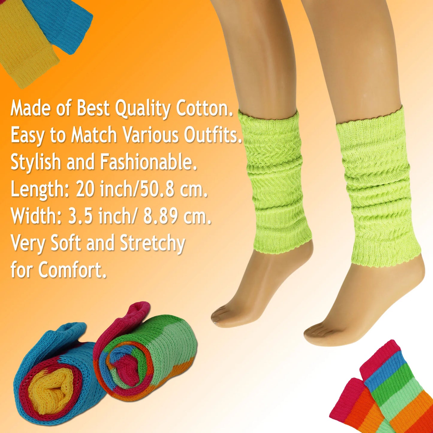 Women's Cotton Knitted Leg Warmers, Retro Style, 1 Pair, 20 Inches, Multiple Colors