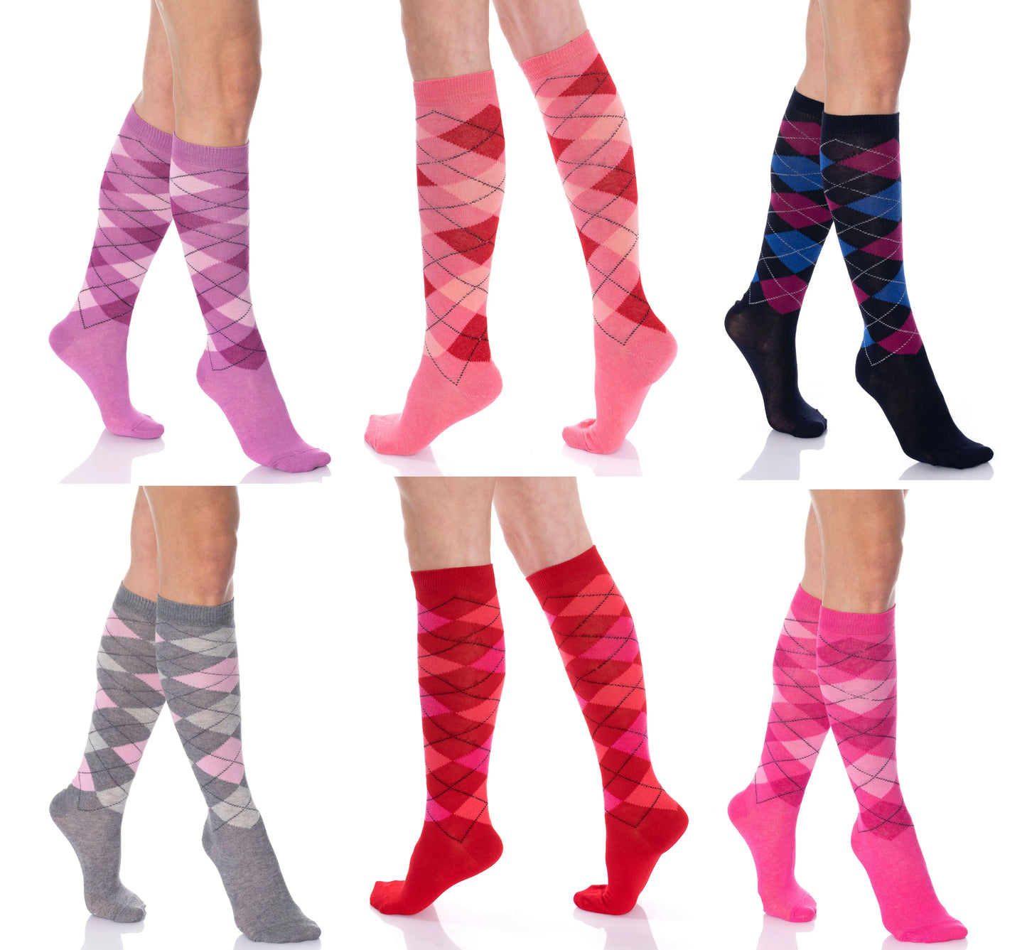 Argyle Knee-High Socks for Women, 6 Pairs, Colorful Over-the-Calf