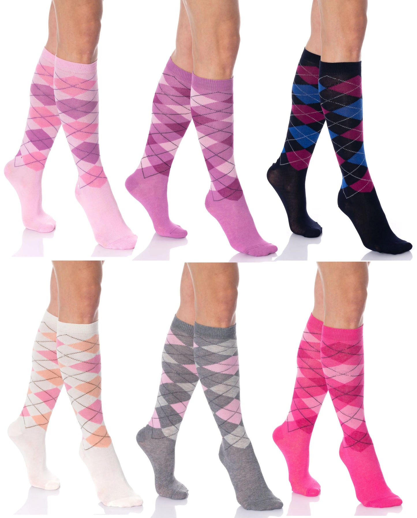 Argyle Knee-High Socks for Women, 6 Pairs, Colorful Over-the-Calf