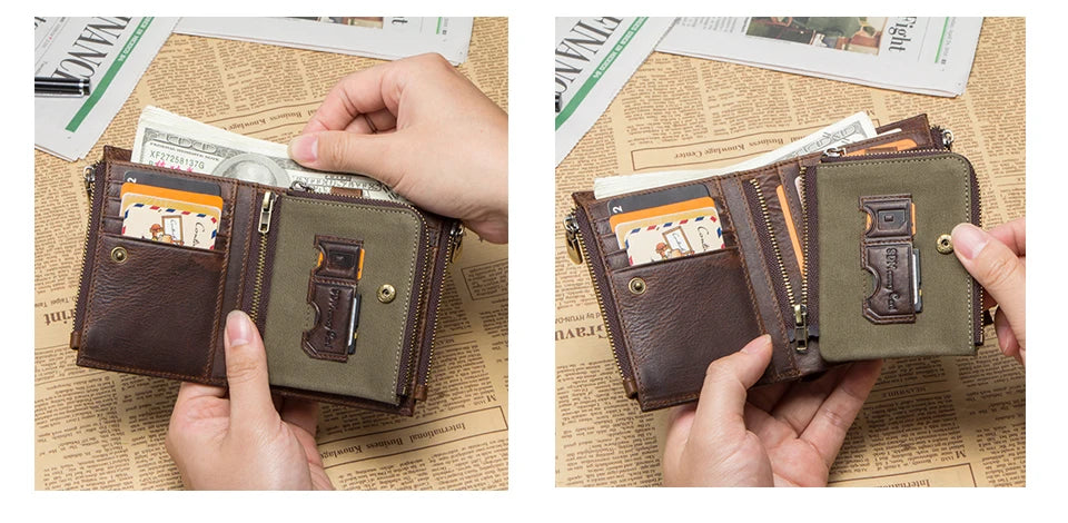 100% Genuine Leather RFID Men’s Wallet with Zipper, Large Capacity Coin Purse and Card Holder