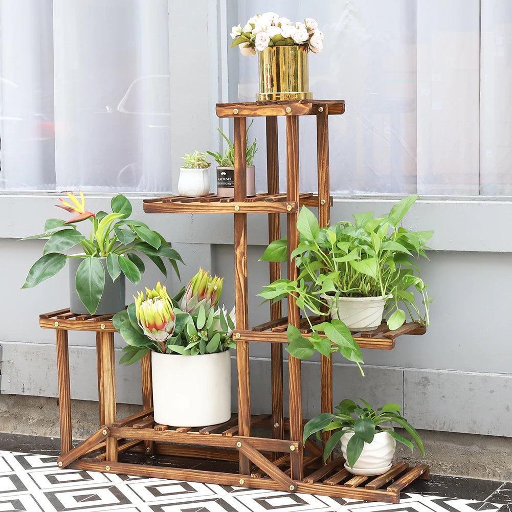 6-Tier Wooden Plant Stand for Indoor and Outdoor Use