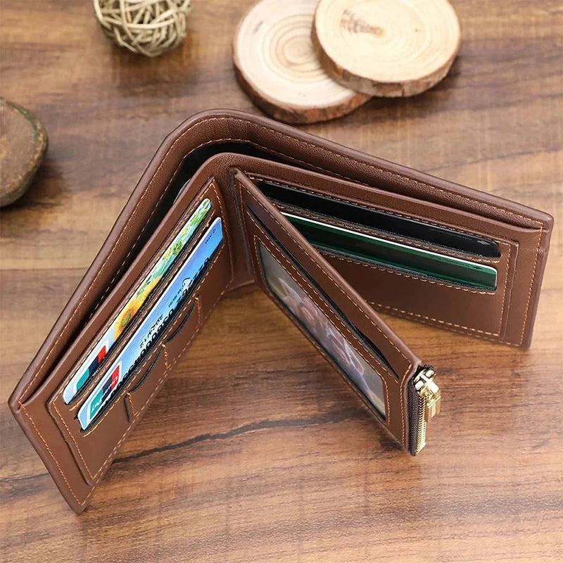 Men’s Ultra-Thin Business Bi-Fold Leather Wallet with Zipper and Card Holder