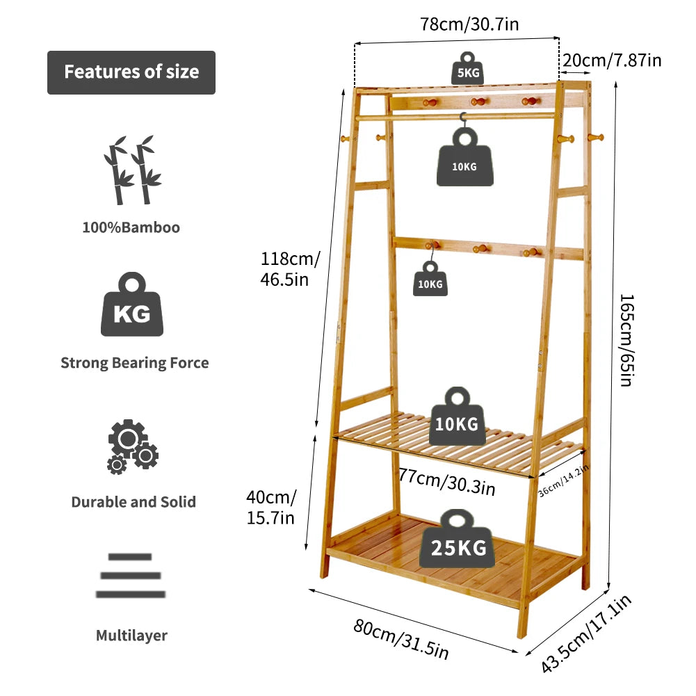 Bamboo Garment Coat Rack with Shelves – Heavy Duty Organizer for Clothes and Shoes