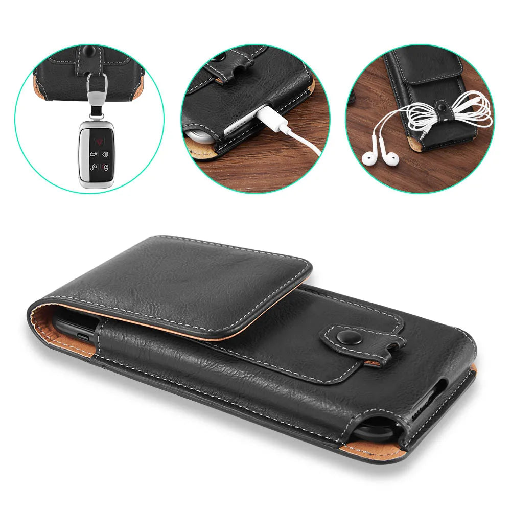 Vertical Leather Phone Holster Belt Clip Pouch for Samsung iPhone Xiaomi Huawei