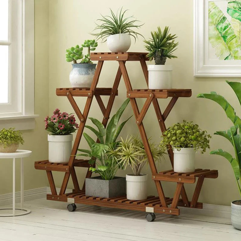 Triangular 6-Tier Wooden Plant Stand with Wheels for Garden & Indoor Use