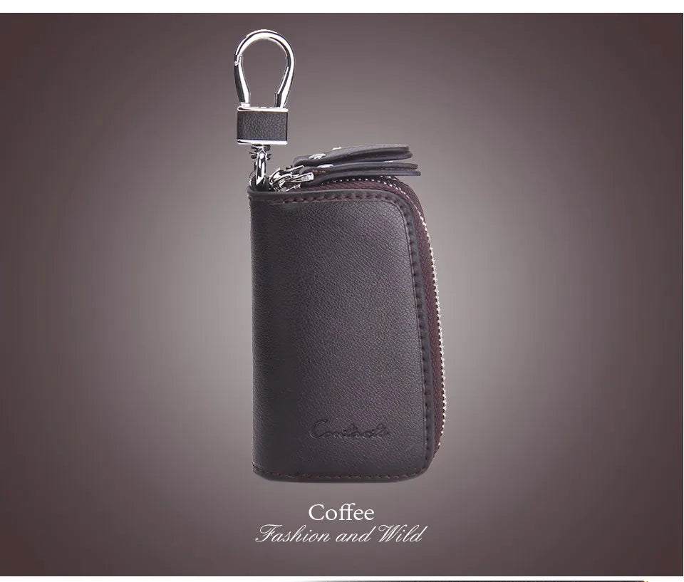 Double Zipper Genuine Cow Leather Car Key Holder - Multifunctional Key Wallet