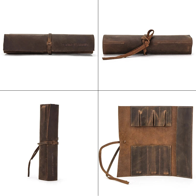 Genuine Leather Retro Pencil Roll-Up Bag Holder for School Supplies & Stationery