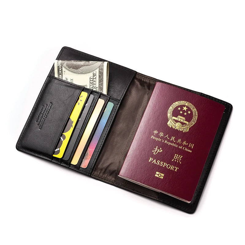 Slim Leather Passport and Card Holder and Cover ID Wallet - Genuine Cow Leather, Vintage Style