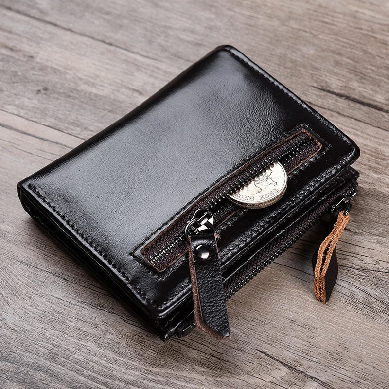 Slim Genuine Leather Credit Card Holder ID Wallet with Zipper, Vintage Style