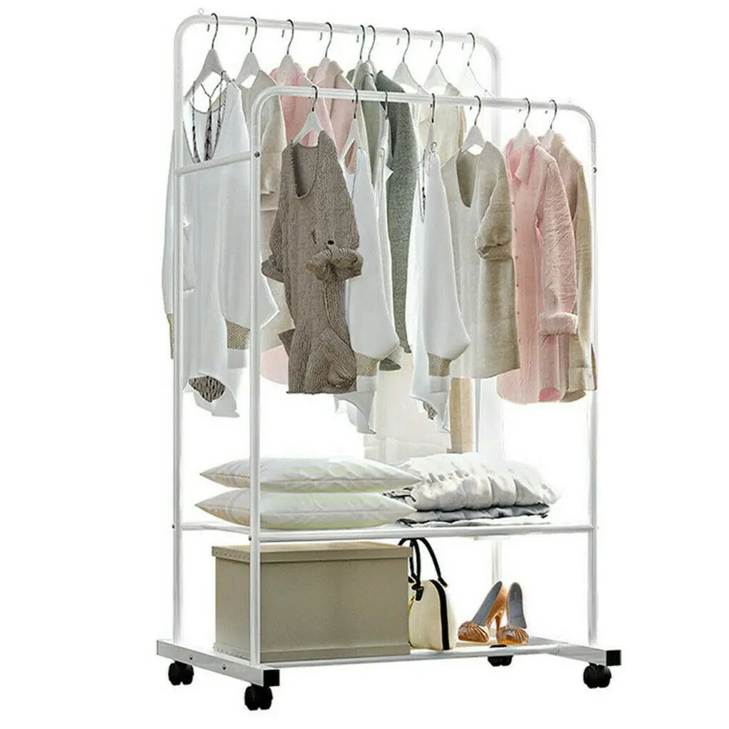 1.5m Double Rail Rolling Clothes Rack with Shelves & Wheels for Storage