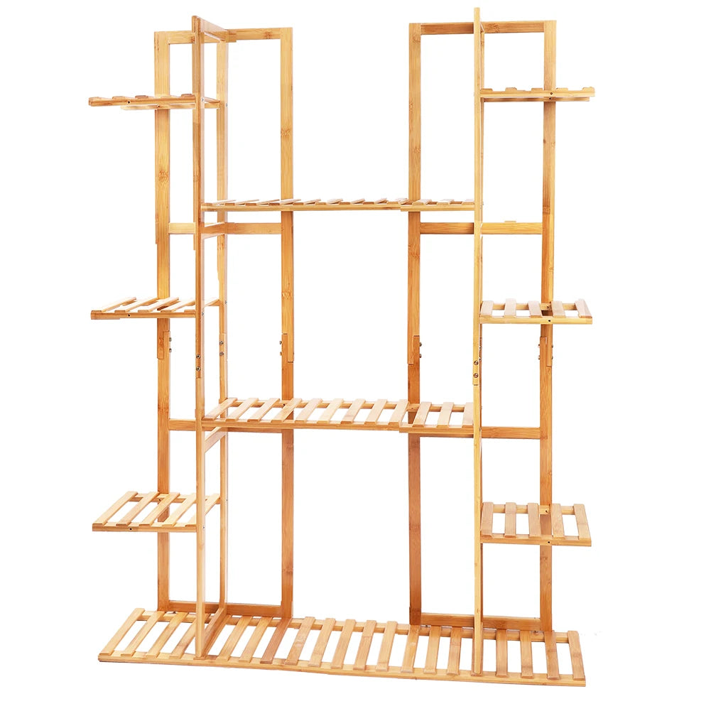 9-Tier Bamboo Plant Stand Rack Holds 17 Flowerpots, Indoor/Outdoor Display Shelf