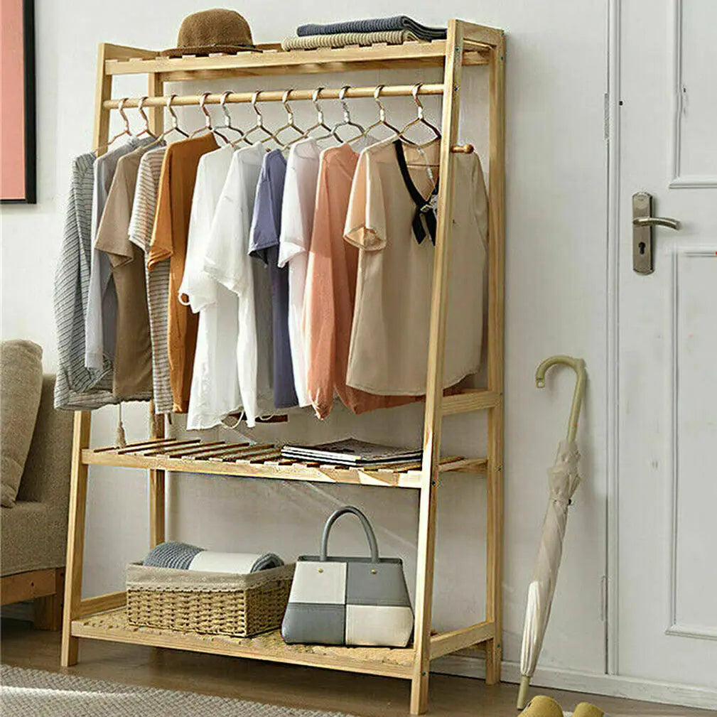 Bamboo Garment Coat Rack with Shelves – Heavy Duty Organizer for Clothes and Shoes