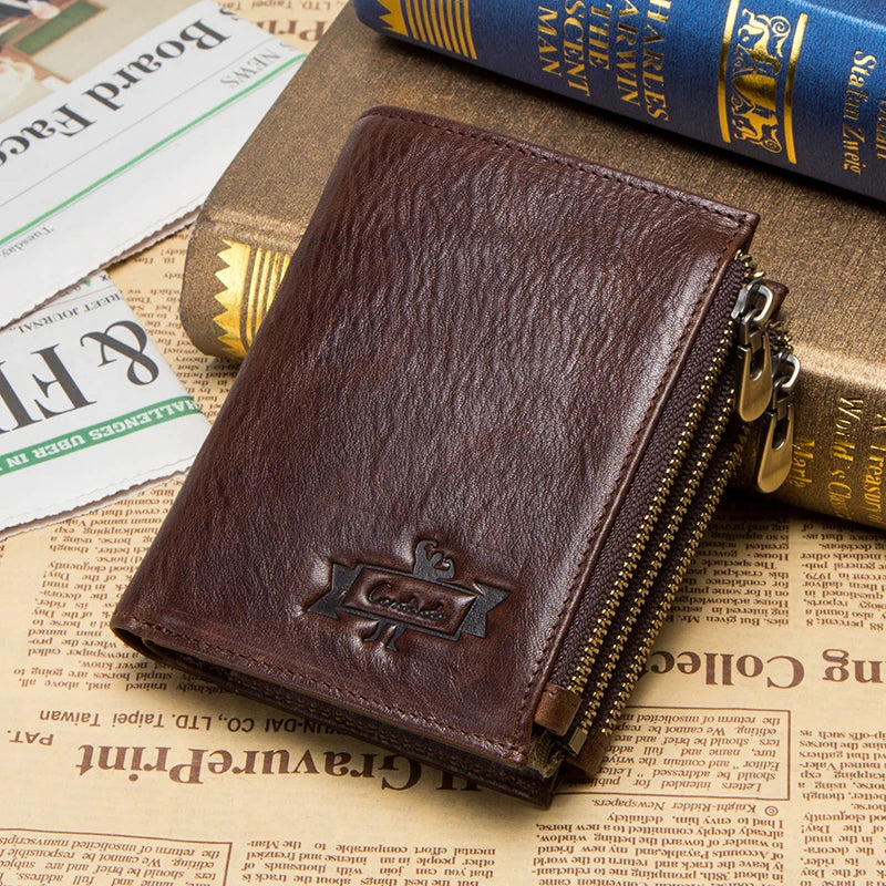 100% Genuine Leather RFID Men’s Wallet with Zipper, Large Capacity Coin Purse and Card Holder