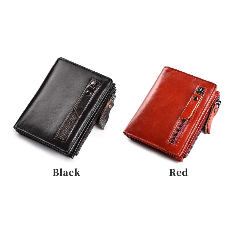 Slim Genuine Leather Credit Card Holder ID Wallet with Zipper, Vintage Style