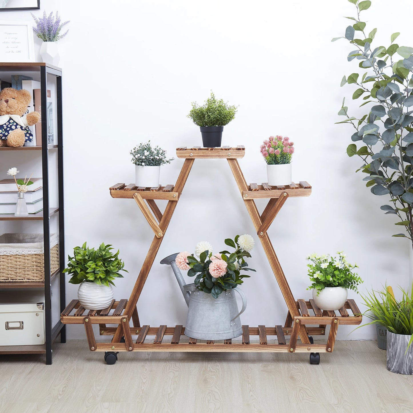 Triangular 6-Tier Wooden Plant Stand with Wheels for Garden & Indoor Use