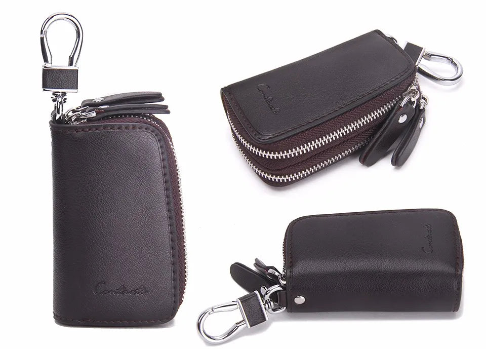 Double Zipper Genuine Cow Leather Car Key Holder - Multifunctional Key Wallet