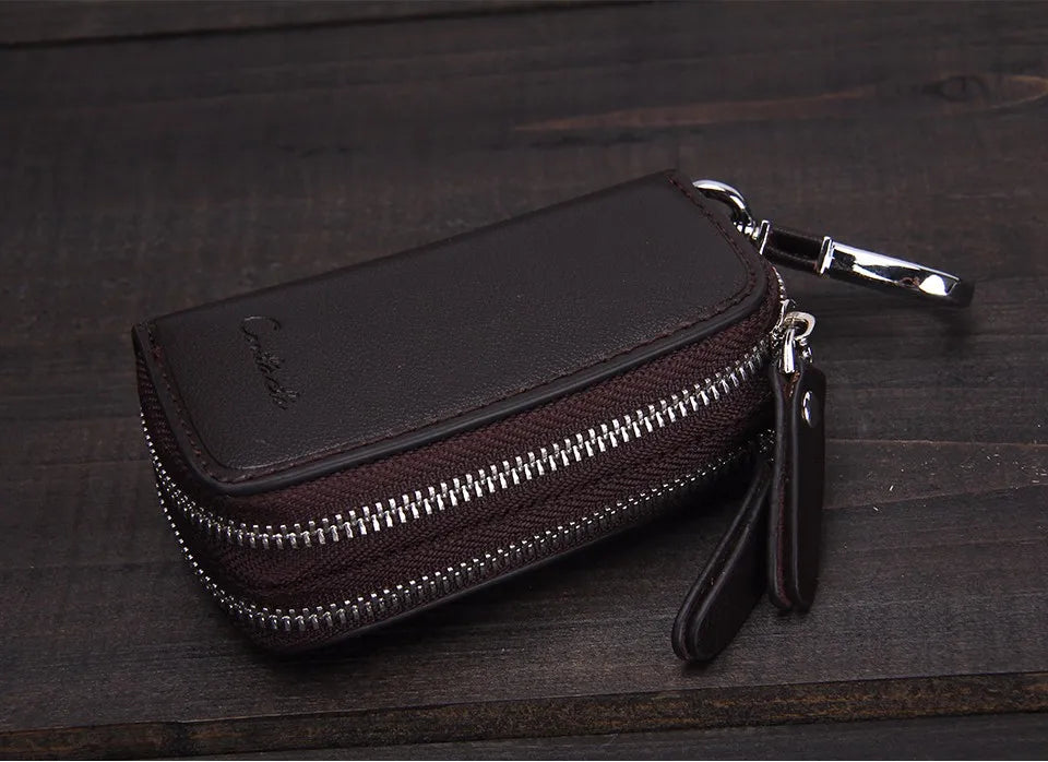 Double Zipper Genuine Cow Leather Car Key Holder - Multifunctional Key Wallet