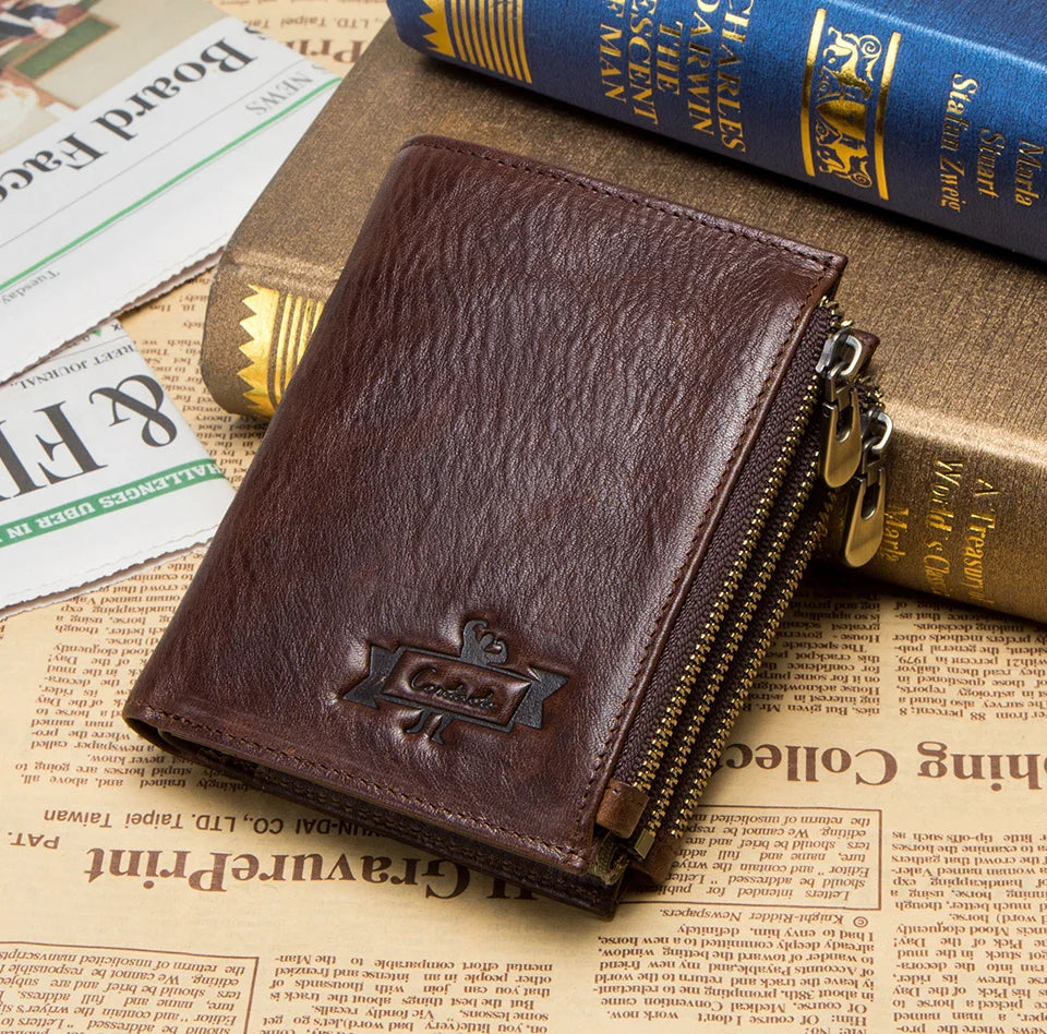 100% Genuine Leather RFID Men’s Wallet with Zipper, Large Capacity Coin Purse and Card Holder