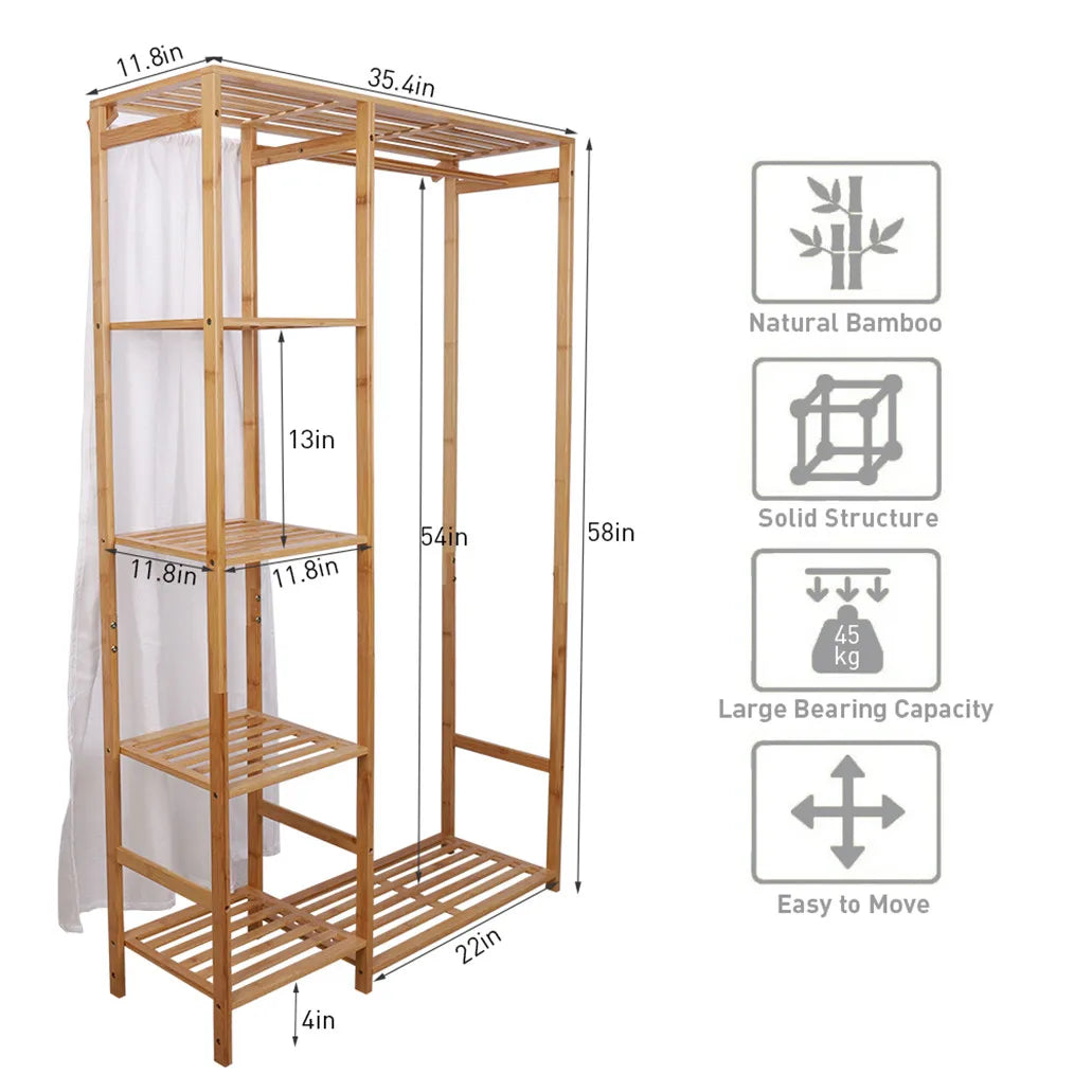 Bamboo Clothing Rack with Shelves & Dustproof Curtain for Kids & Adults