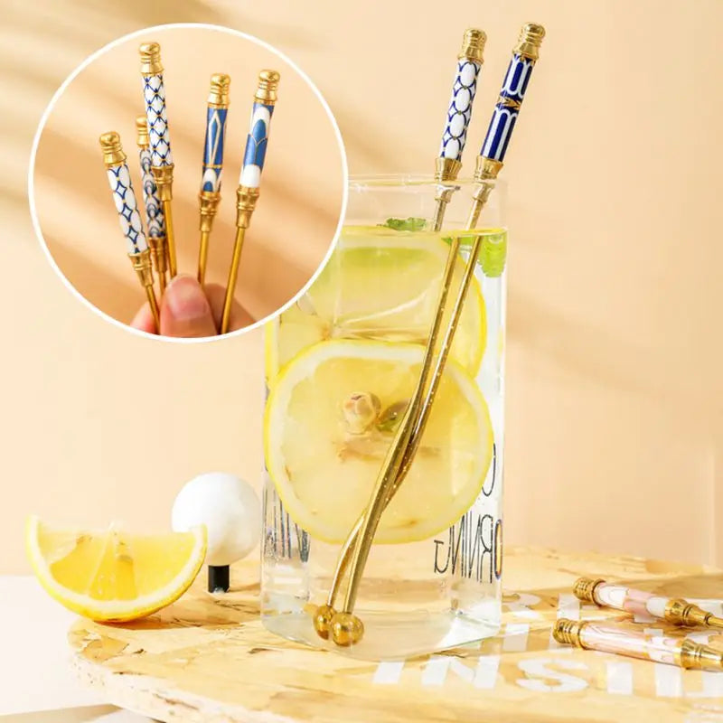 Gold-Plated Stainless Steel Stirring Rod with Ceramic Handle - Coffee & Cocktail