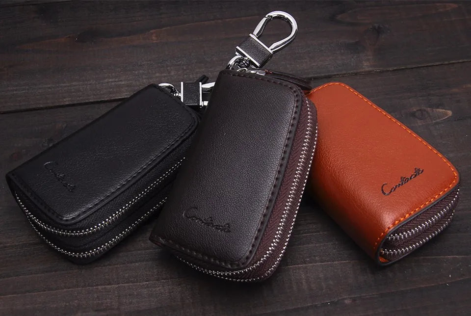 Double Zipper Genuine Cow Leather Car Key Holder - Multifunctional Key Wallet