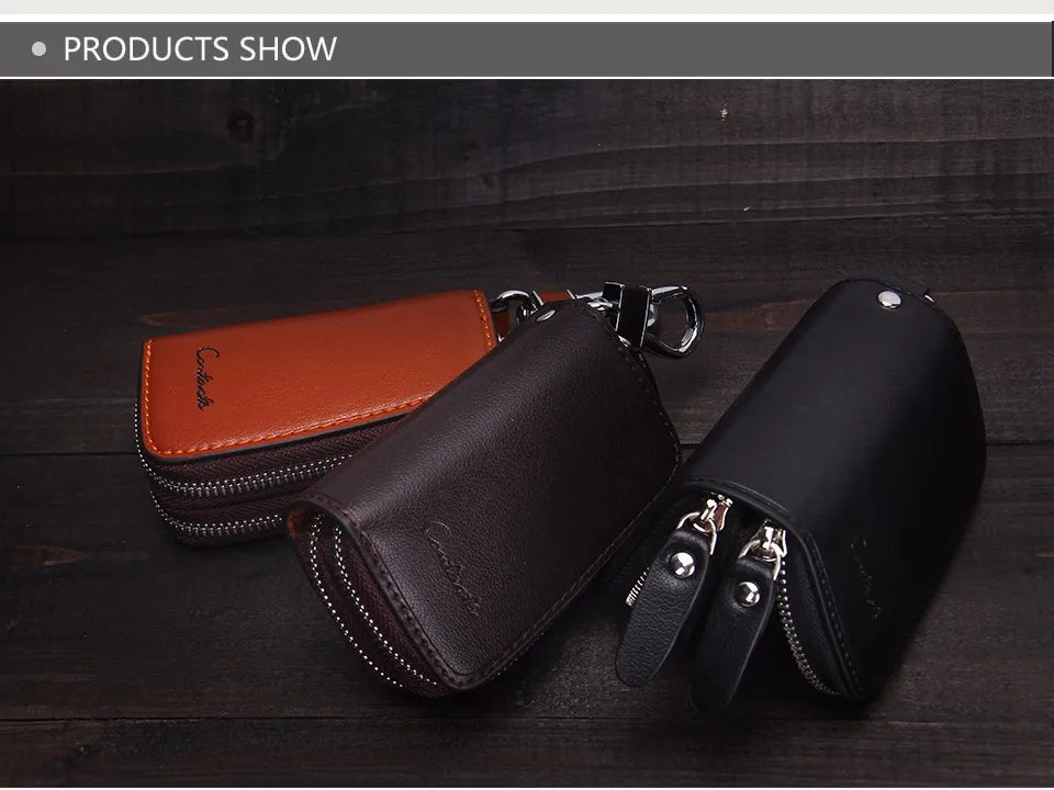 Double Zipper Genuine Cow Leather Car Key Holder - Multifunctional Key Wallet