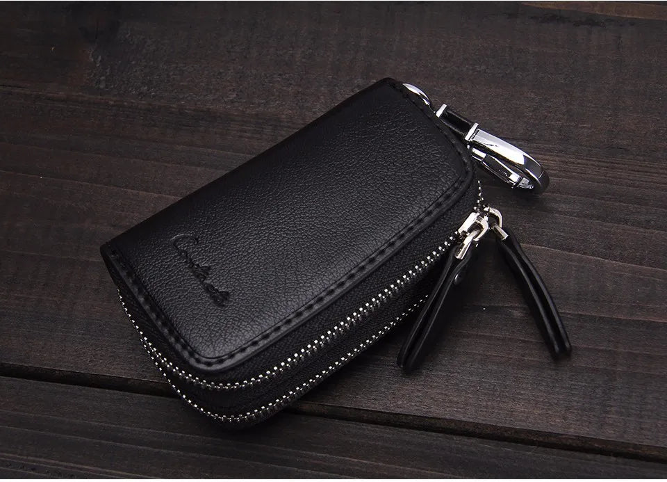 Double Zipper Genuine Cow Leather Car Key Holder - Multifunctional Key Wallet