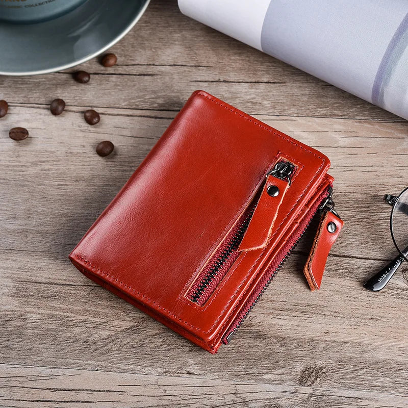 Slim Genuine Leather Credit Card Holder ID Wallet with Zipper, Vintage Style