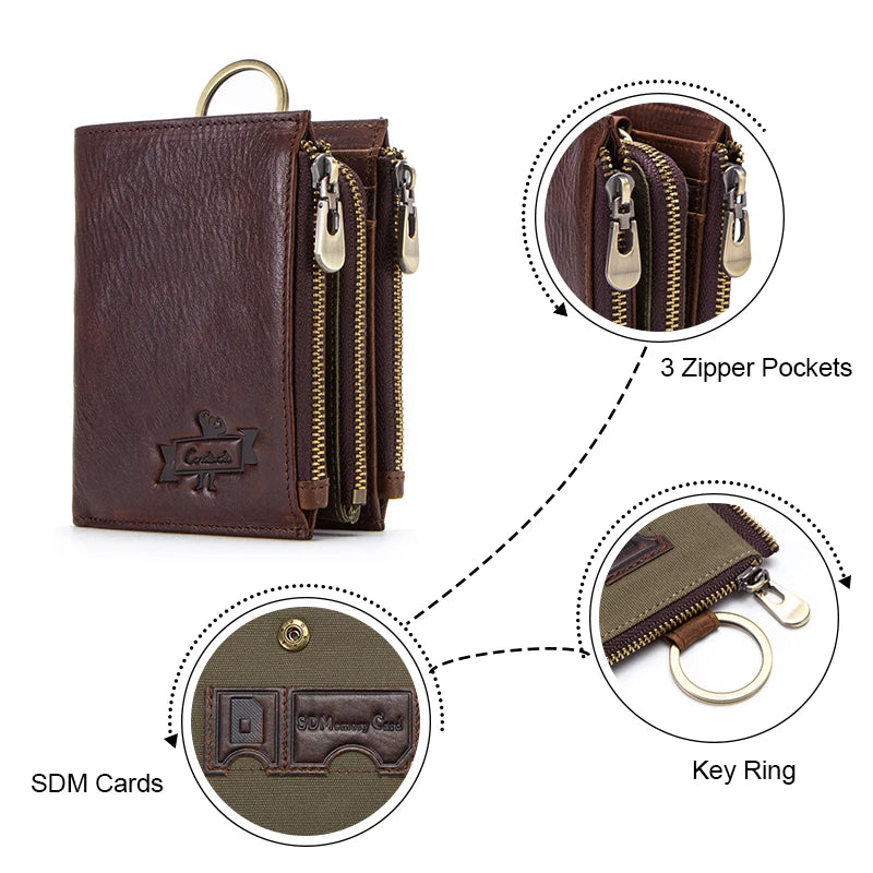 100% Genuine Leather RFID Men’s Wallet with Zipper, Large Capacity Coin Purse and Card Holder