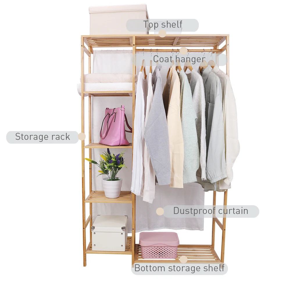 Bamboo Clothing Rack with Shelves & Dustproof Curtain for Kids & Adults