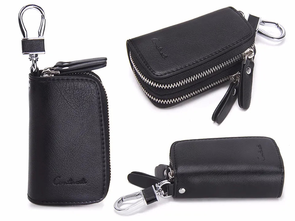 Double Zipper Genuine Cow Leather Car Key Holder - Multifunctional Key Wallet