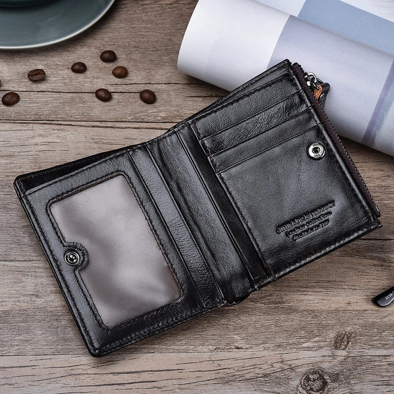 Slim Genuine Leather Credit Card Holder ID Wallet with Zipper, Vintage Style