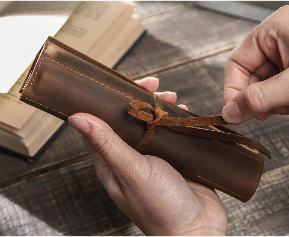 Genuine Leather Retro Pencil Roll-Up Bag Holder for School Supplies & Stationery