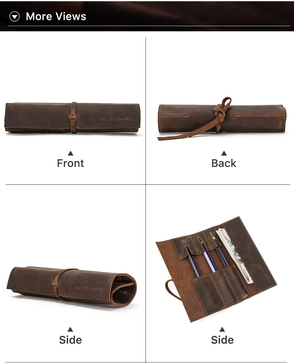 Genuine Leather Retro Pencil Roll-Up Bag Holder for School Supplies & Stationery