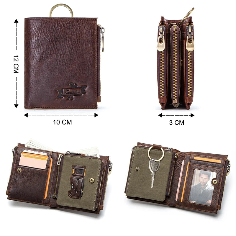 100% Genuine Leather RFID Men’s Wallet with Zipper, Large Capacity Coin Purse and Card Holder